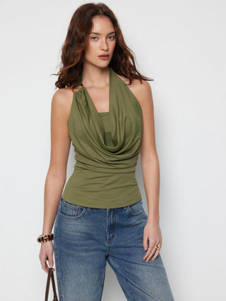 Halter Neckline O-Ring Ruched Draped Top