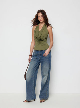Halter Neckline O-Ring Ruched Draped Top