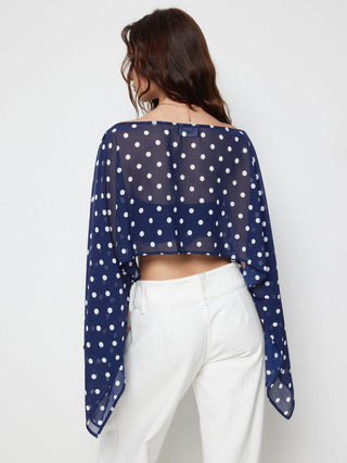 Chiffon Polka Dot Boat Neck Cloak Sleeve Oversized Poncho Blouse & Bandeau