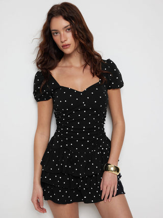 Cotton-blend Sweetheart Puff Sleeve Ruched Tiered Mini Dress