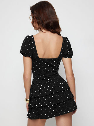 Cotton-blend Sweetheart Puff Sleeve Ruched Tiered Mini Dress