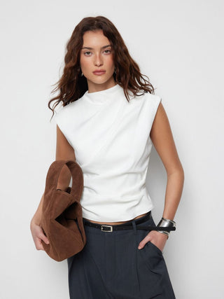 Woven Stand Collar Ruched Crop Blouse