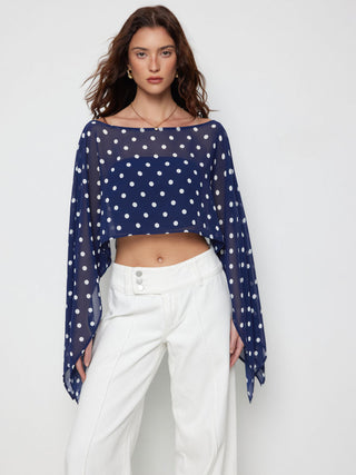 Chiffon Polka Dot Boat Neck Cloak Sleeve Oversized Poncho Blouse & Bandeau