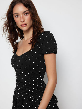 Cotton-blend Sweetheart Puff Sleeve Ruched Tiered Mini Dress