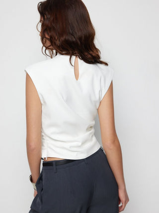 Woven Stand Collar Ruched Crop Blouse