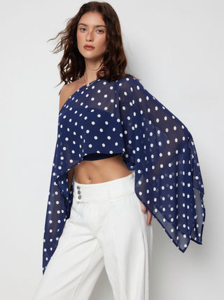 Chiffon Polka Dot Boat Neck Cloak Sleeve Oversized Poncho Blouse & Bandeau