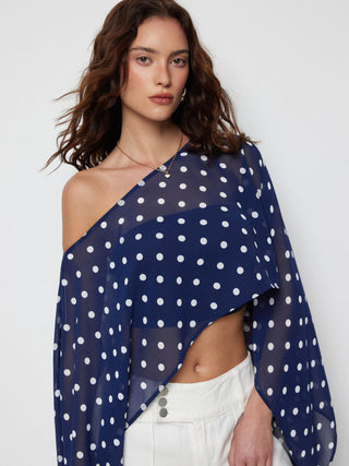 Chiffon Polka Dot Boat Neck Cloak Sleeve Oversized Poncho Blouse & Bandeau