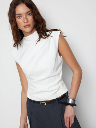 Woven Stand Collar Ruched Crop Blouse