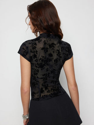 Floral Lace Round Neckline Bowknot Tie Front Top