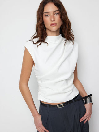 Woven Stand Collar Ruched Crop Blouse