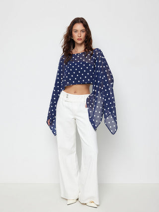 Chiffon Polka Dot Boat Neck Cloak Sleeve Oversized Poncho Blouse & Bandeau