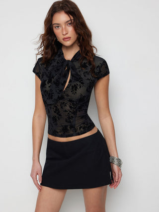 Floral Lace Round Neckline Bowknot Tie Front Top
