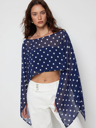 Chiffon Polka Dot Boat Neck Cloak Sleeve Oversized Poncho Blouse & Bandeau