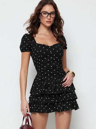 Cotton-blend Sweetheart Puff Sleeve Ruched Tiered Mini Dress