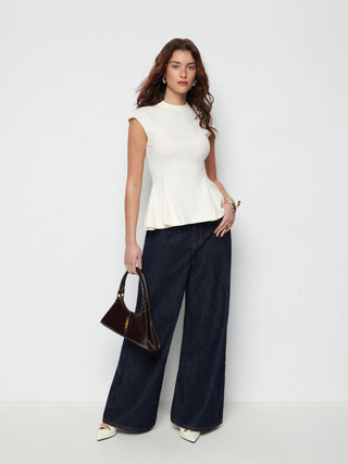Knit Stand Collar Peplum Hem Short Sleeve Top