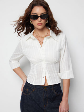 Cotton Textured Shirred Waist Short Sleeve Blouse