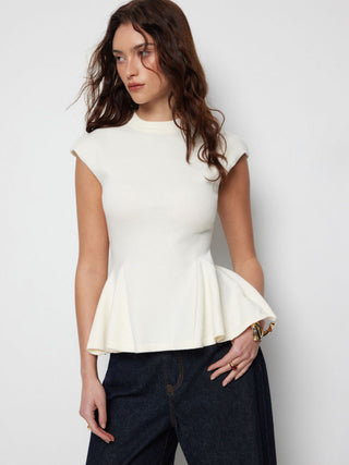 Knit Stand Collar Peplum Hem Short Sleeve Top