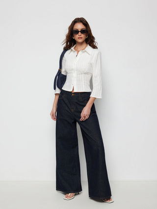 Cotton Textured Shirred Waist Short Sleeve Blouse
