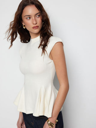 Knit Stand Collar Peplum Hem Short Sleeve Top