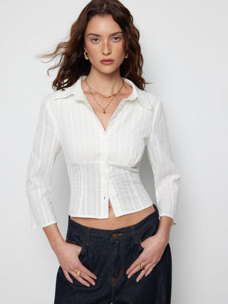 Cotton Textured Shirred Waist Short Sleeve Blouse
