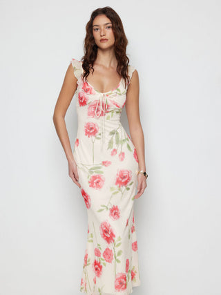 Mesh Floral Graphic V-neck Knotted Mermaid Maxi Dress