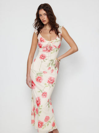 Mesh Floral Graphic V-neck Knotted Mermaid Maxi Dress