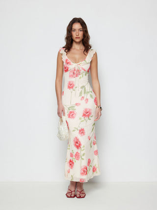 Mesh Floral Graphic V-neck Knotted Mermaid Maxi Dress