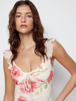 Mesh Floral Graphic V-neck Knotted Mermaid Maxi Dress
