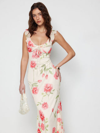 Mesh Floral Graphic V-neck Knotted Mermaid Maxi Dress