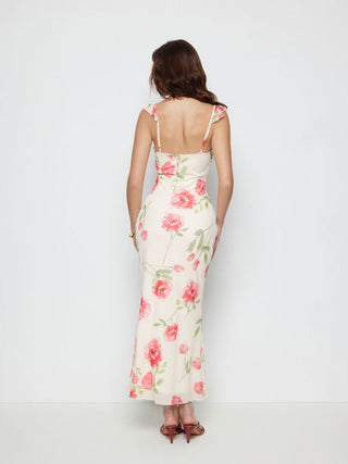 Mesh Floral Graphic V-neck Knotted Mermaid Maxi Dress