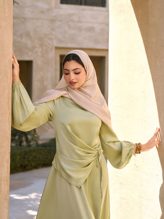 Satin Boat Neck Lantern Sleeve Asymmetrical Maxi Dress
