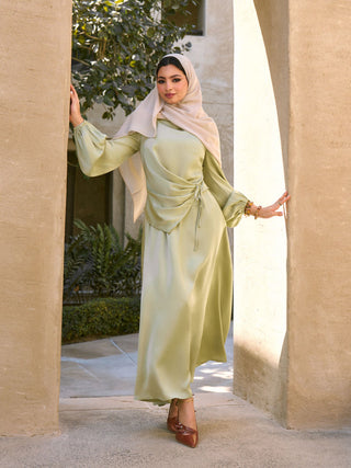 Satin Boat Neck Lantern Sleeve Asymmetrical Maxi Dress