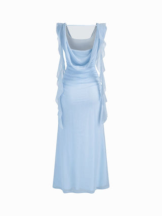 Cowl Neck Solid Ruffle Hem Ruched Maxi Dress