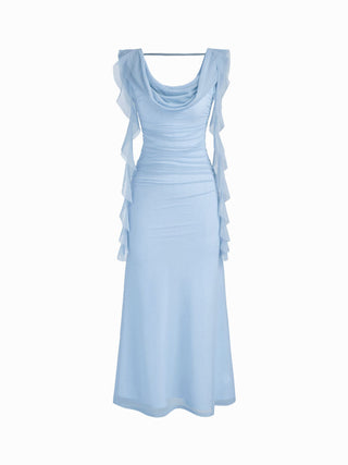 Cowl Neck Solid Ruffle Hem Ruched Maxi Dress
