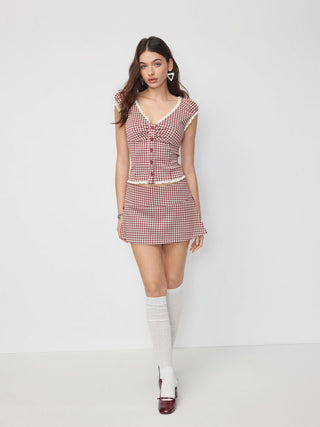 Jacquard Jacquard Gingham Sweetheart Raglan Sleeve Ruched Top For Daily Casual Date