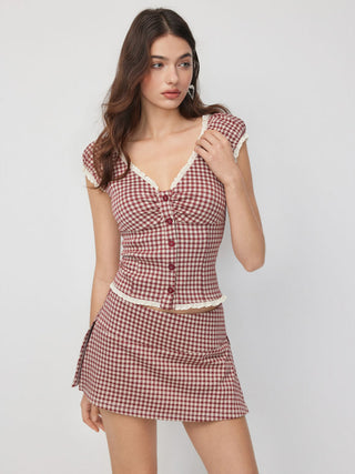 Jacquard Jacquard Gingham Sweetheart Raglan Sleeve Ruched Top For Daily Casual Date