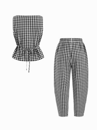 Boat Neck Checks Knotted Top & Mid Rise Elastic Waist Straight Leg Trousers Set