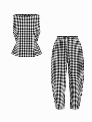 Boat Neck Checks Knotted Top & Mid Rise Elastic Waist Straight Leg Trousers Set