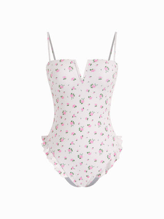 Knit Fabric Floral Square Neck Ruffle Hem One-piece Swimsuit For Swimming Pool Beach