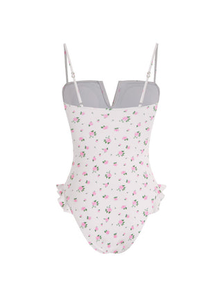 Knit Fabric Floral Square Neck Ruffle Hem One-piece Swimsuit For Swimming Pool Beach