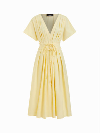 Linen-blend V-neck Pleated Knotted A-line Maxi Dress