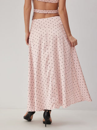 Satin Mid Rise Polka Dot Flared Maxi Skirt