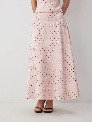 Satin Mid Rise Polka Dot Flared Maxi Skirt