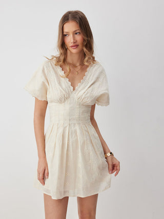 Cotton V-neck Batwing Sleeve Eyelet Flared Mini Dress