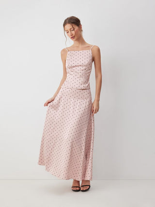 Satin Mid Rise Polka Dot Flared Maxi Skirt