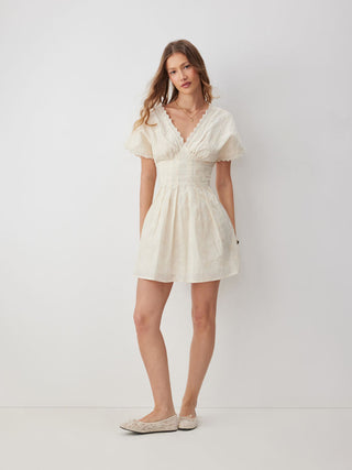 Cotton V-neck Batwing Sleeve Eyelet Flared Mini Dress