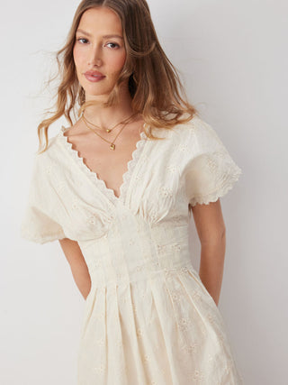 Cotton V-neck Batwing Sleeve Eyelet Flared Mini Dress