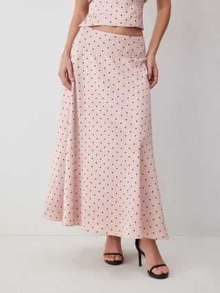 Satin Mid Rise Polka Dot Flared Maxi Skirt