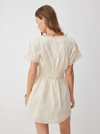 Cotton V-neck Batwing Sleeve Eyelet Flared Mini Dress