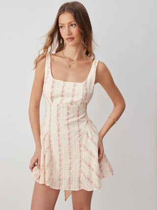 Woven Cotton Floral Square Neck Bowknot A-line Mini Dress  For Daily Casual Date